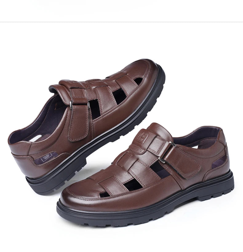 LAORENTOU leather sandals, men's breathable hollow hole shoes, toe wrapped cowhide, anti slip and wear-resistant casual  shoes