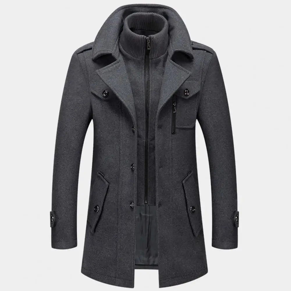 Stylish  Coat Temperament Zipper Buttons Coat Solid Color Autumn Winter Men Jacket for Business