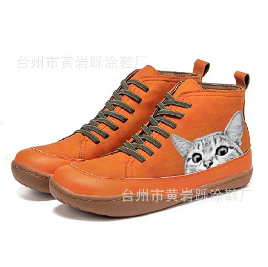 2025 European and American fashion women's mid-high boots comfortable big round toe short boots cat pattern print2025