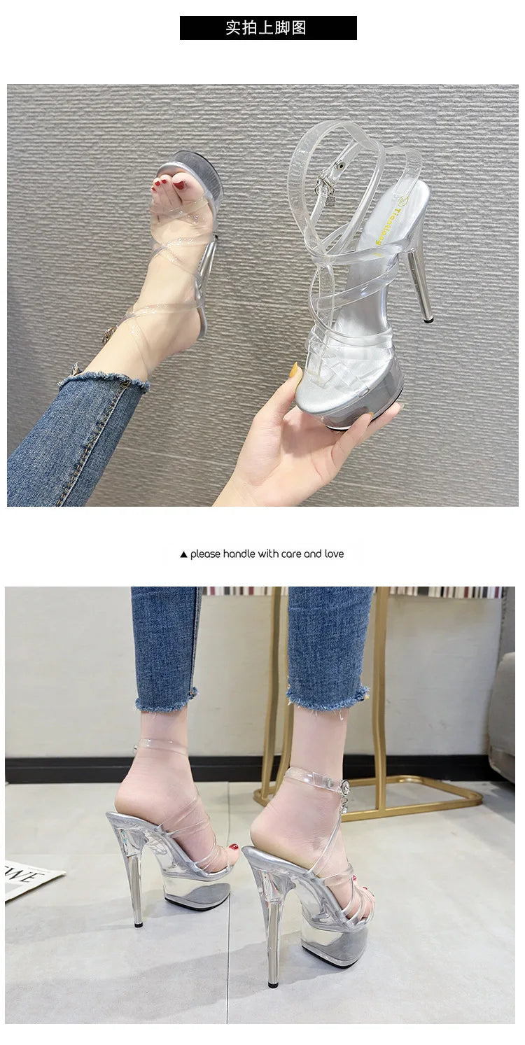 New 2024 Summer Fashion Sandals Sexy Open Toe 15CM High Heels Party Dress Wedding Nightclub Women Shoes Platform Stripper Heels