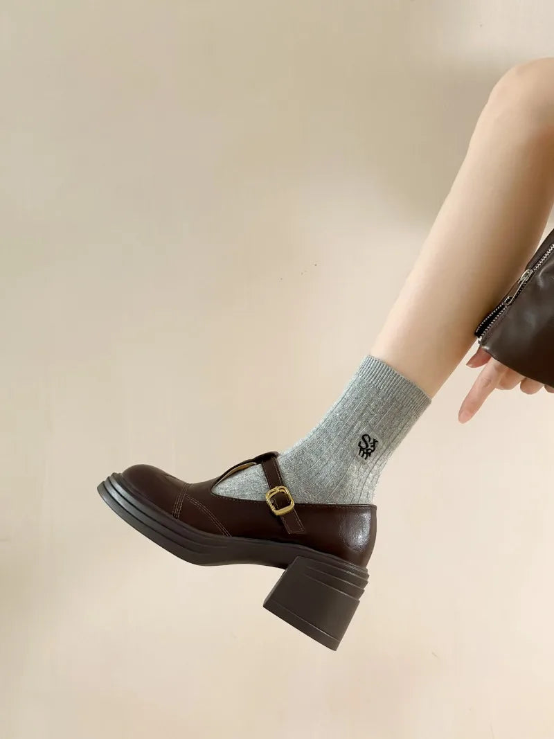 High-heeled Shoes Women Pumps Buckle Thick Heels with T-strap Ladies Chunky Heels Platform Mary Janes Woman Footwear Sandals