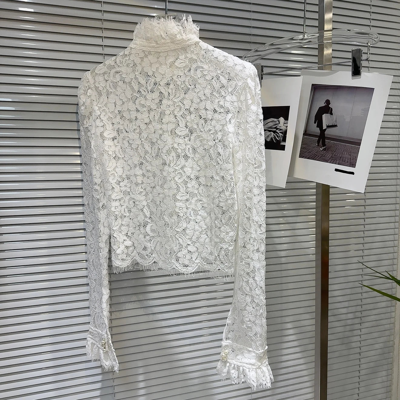 KTCZ Solid Spliced Lace Hollow Out Blouse For Women Long Sleeve Single Breasted Patchwork Print Minimalist Chic Blouse Female