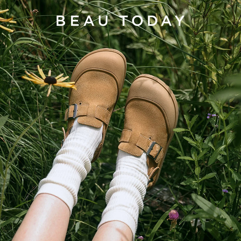 BEAUTODAY Casual Sandals Women Cow Suede Leather Buckle Strap Solid Color Round Toe Platform Fashion Ladies Shoes Handmade 34619