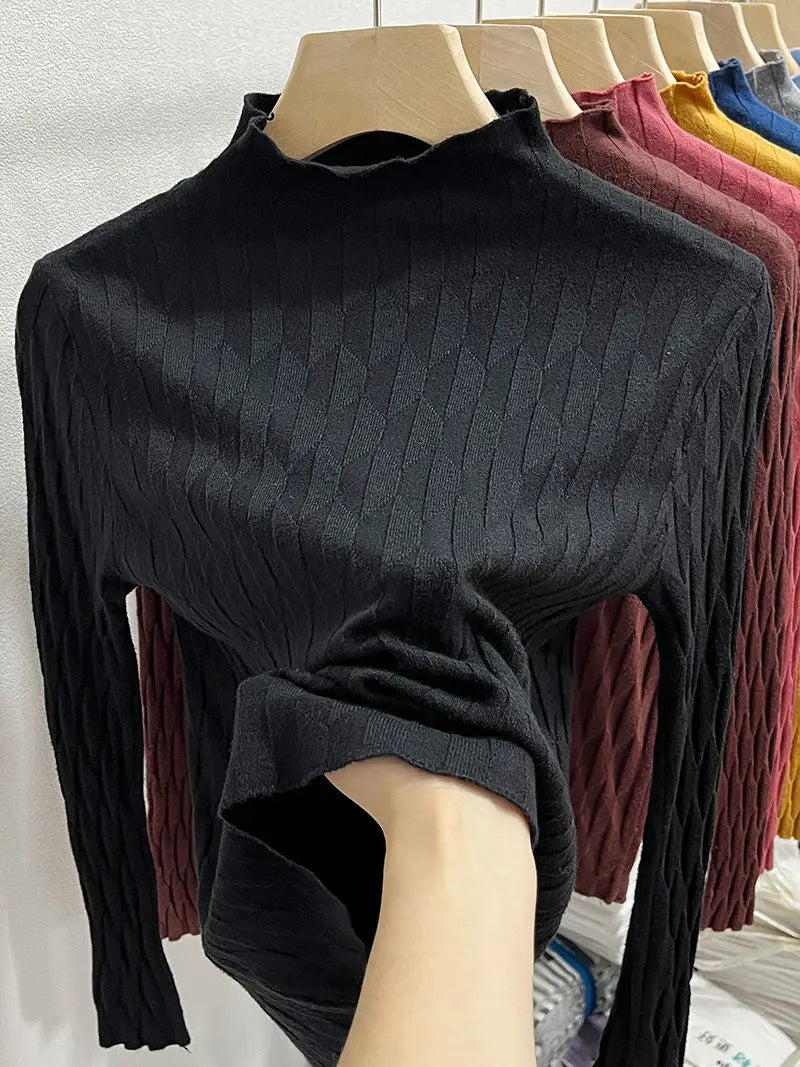 2025 Slim Fit Knitted Base Pullovers Autumn Winter Turtleneck Sweater Women's Solid Long Sleeve Casual Ruched Sweater