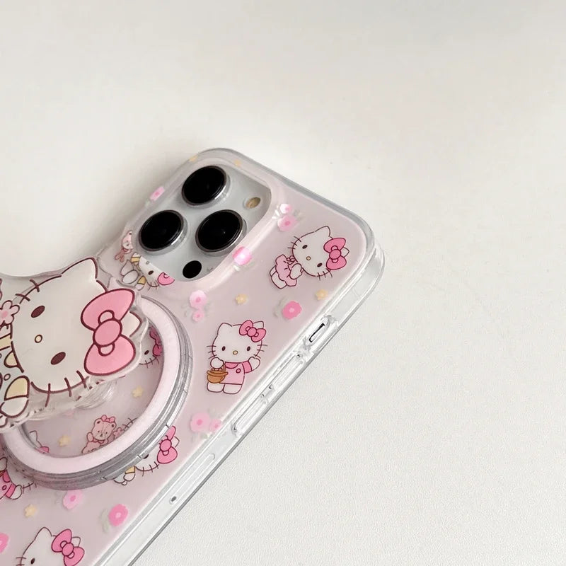 Cute Cartoon Sanrio Hello Kitty Magnetic Holder Magsafe Wireless Charge Phone Case For iPhone 15 14 13 12 11 Pro Max Hard Cover