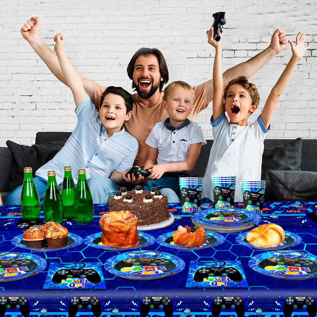 Gamer Birthday Decorations Blue, 65pcs Gaming Party Tableware Set - Game Themed Party Plate Cups Napkins Tablecloth etc