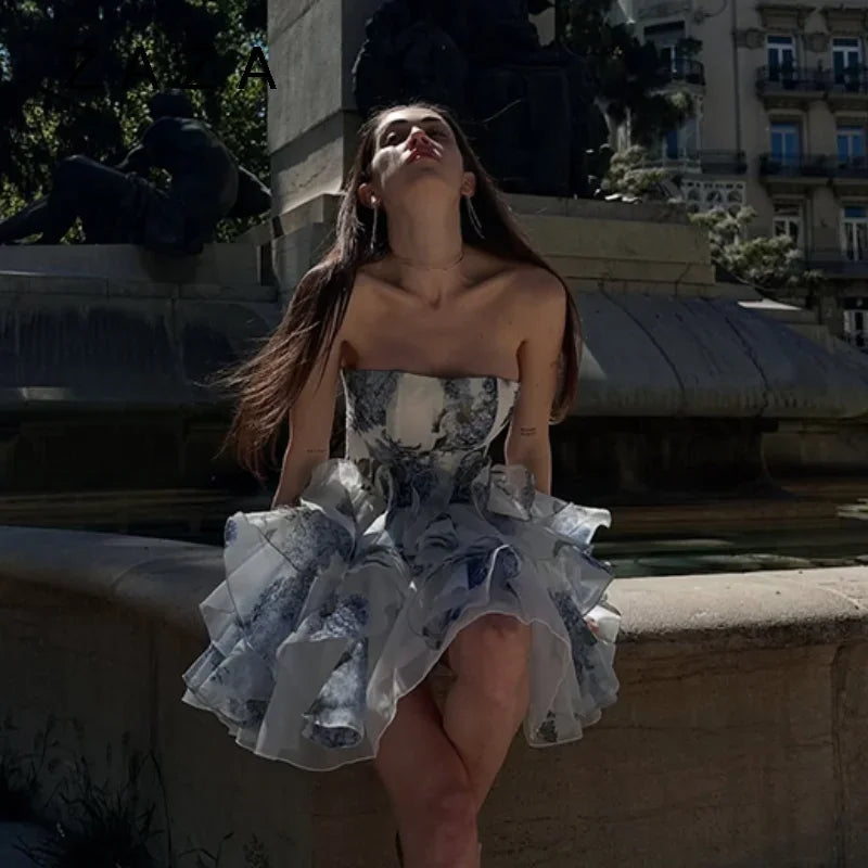 Chic Elegant Floral Printed Mini Dress Women Backless Sleeveless A Line Strapless Robes Pleated Hem Party Vestidos Lady Clorhing