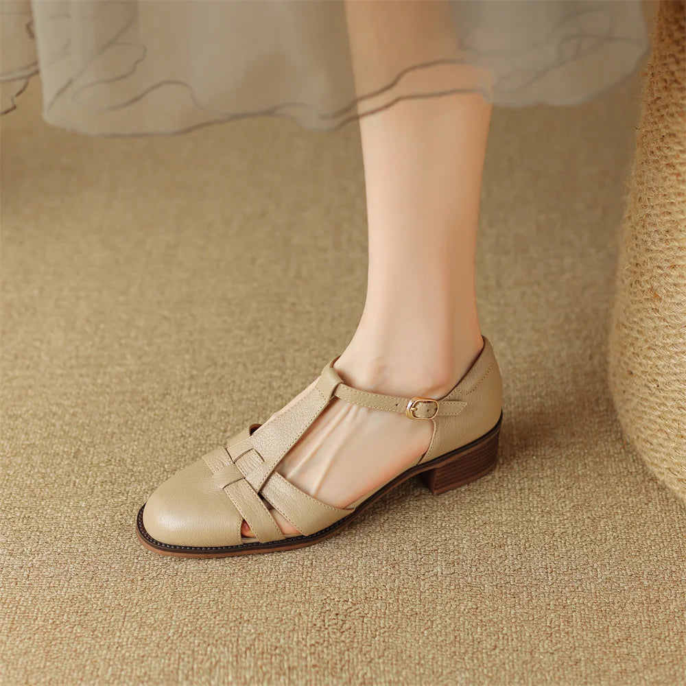 Women's genuine leather narrow band braided t-strap flats sandals round toe casual female summer roman style shoes for women hot