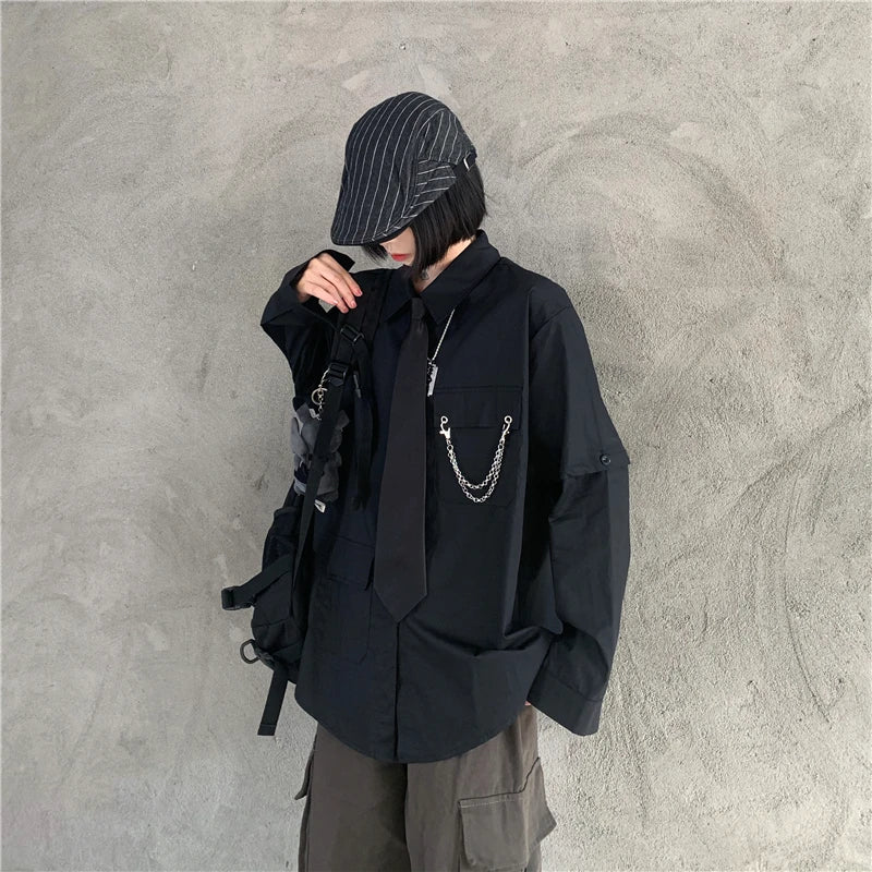 Women's Two-Way Wear Long Sve irt Loose Fit Street Sle Korean Version Retro BF Top  Collar Button up Polyester