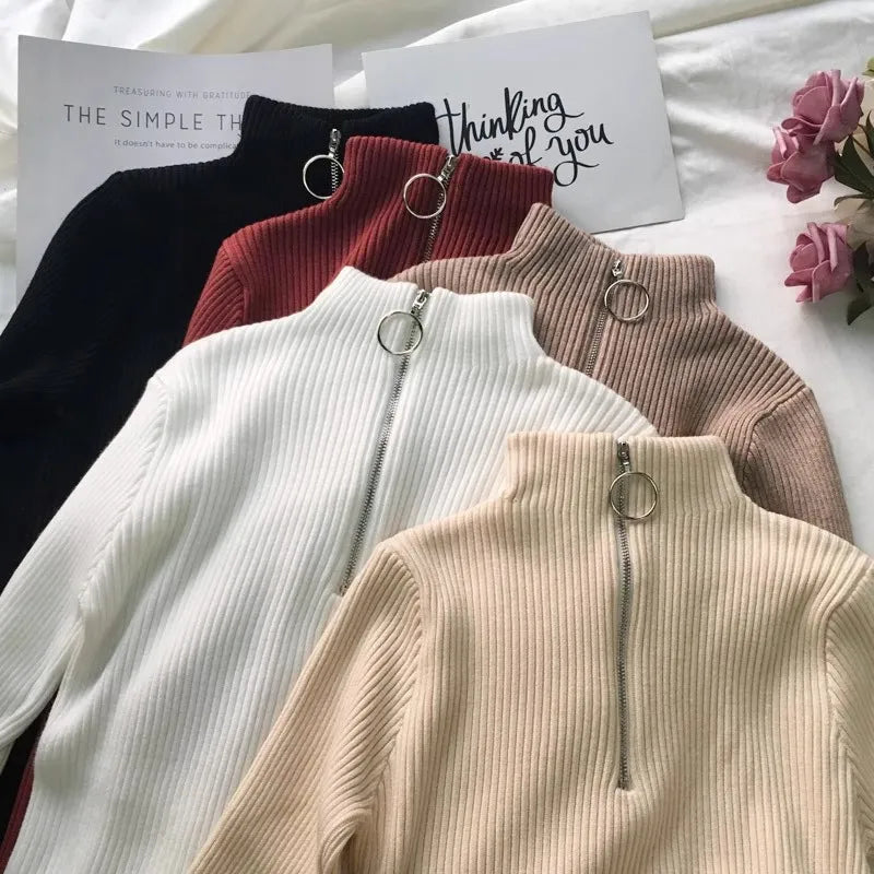 Autumn Winter Turtleneck Women Sweater Long Sleeve Zipper Neckline Knitted Pullover Female Sweater Slim Basic Knitted Jumpers
