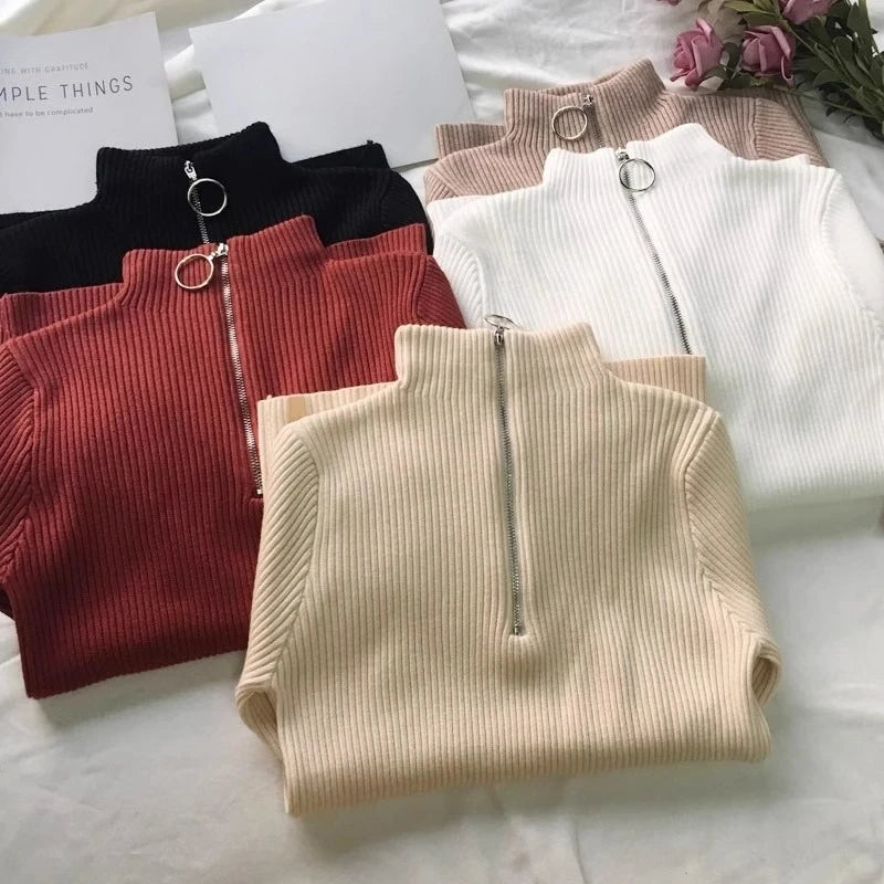 Autumn Winter Turtleneck Women Sweater Long Sleeve Zipper Neckline Knitted Pullover Female Sweater Slim Basic Knitted Jumpers
