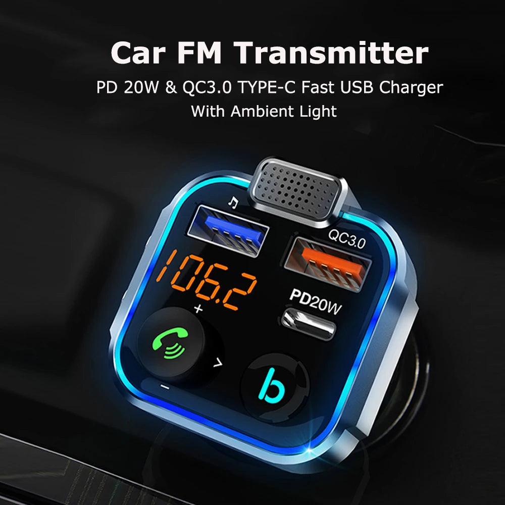Car Bluetooth FM Transmitter PD Type-C Dual USB 4.8A Fast Charger Handsfree Radio Modulator MP3 Player Support TF card