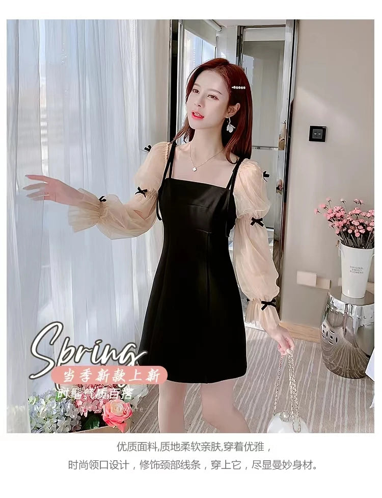 Flare Sleeve Evening Dress for Women Black Elegant Bow Mesh Patchwork Luxury Temperament Famous Lady Aesthetic Платье Женское