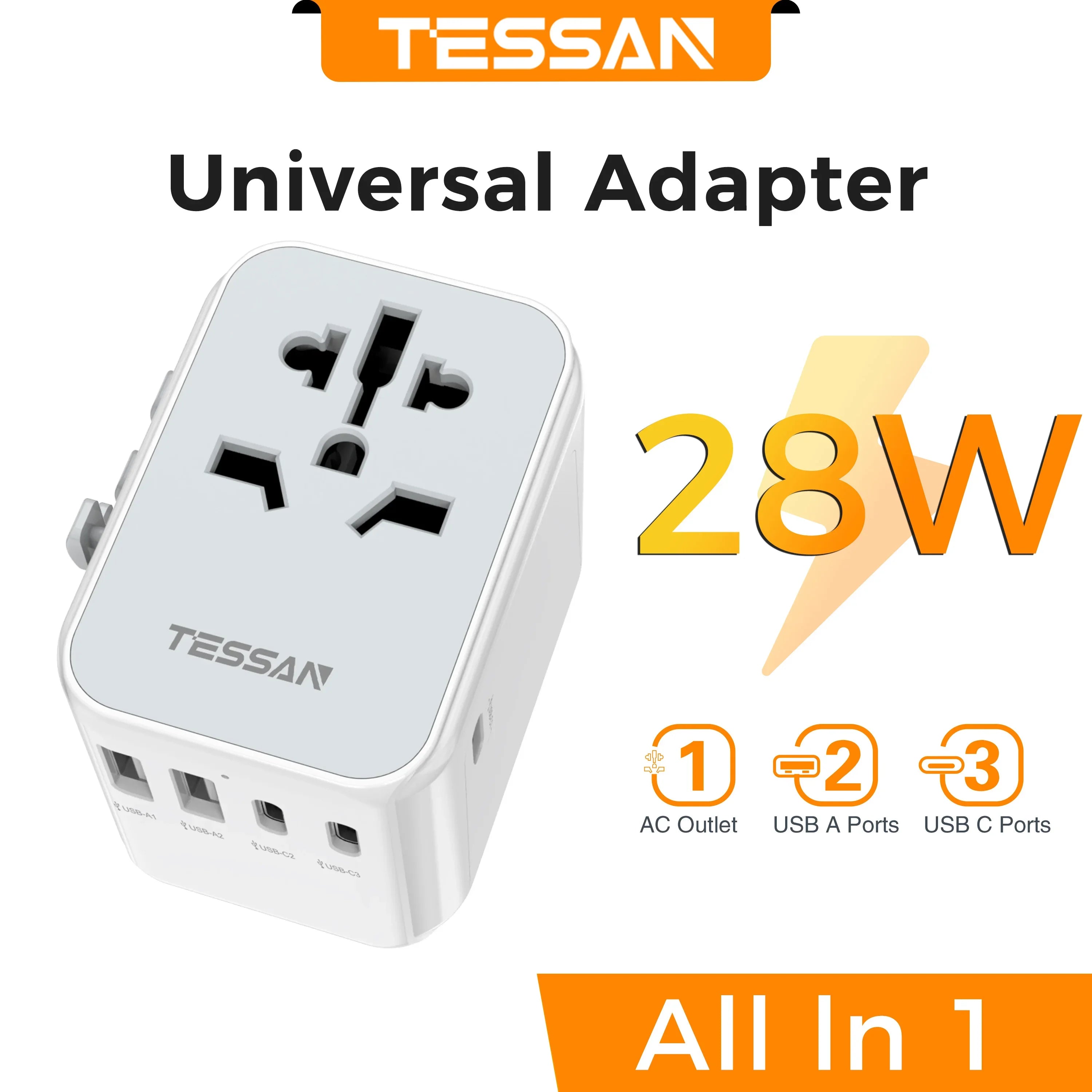 TESSAN Universal Worldwide All in One Charger Travel Power Plug Adapter with USB Type C Charging Ports for USA EU UK AU