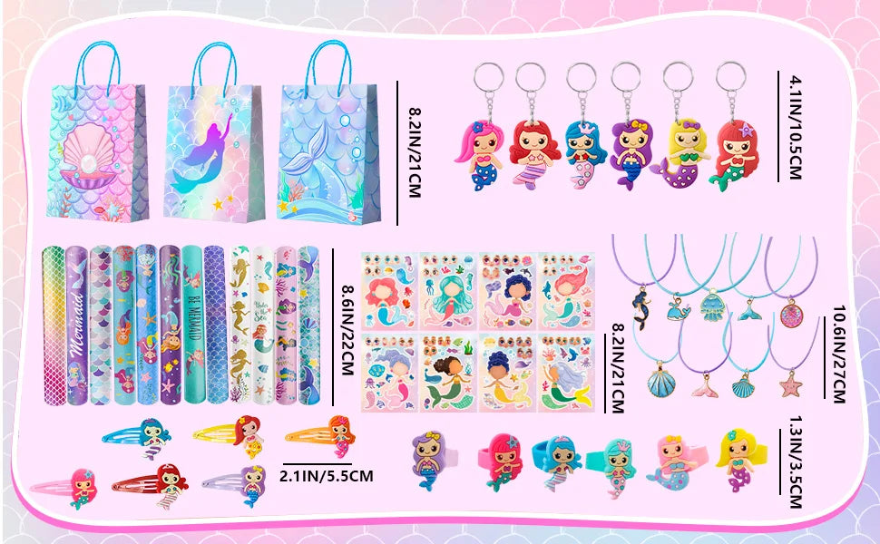 84pcs Mermaid Party Favors for Boys and Girls with Mermaid Birthday Rings Keychain Slap Bracelets Bags Hair Clips Necklace etc