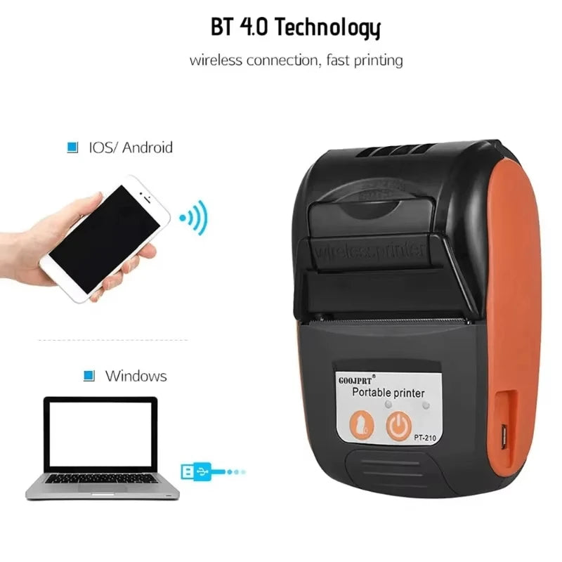 PT210 Mini Receipt Printer 58mm Portable Thermal Ticket Printer Android IOS Windows Wireless Bluetooth List Bill Maker With Plug