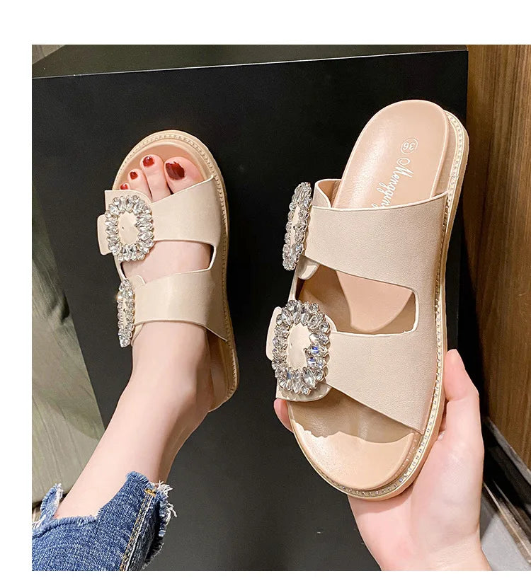 2025 Brand Rhinestone Buckle Sandals Women Double Band Slippers Crystal Shoes Ladies Casual Slides Slip On Flat Heels Flip Flops