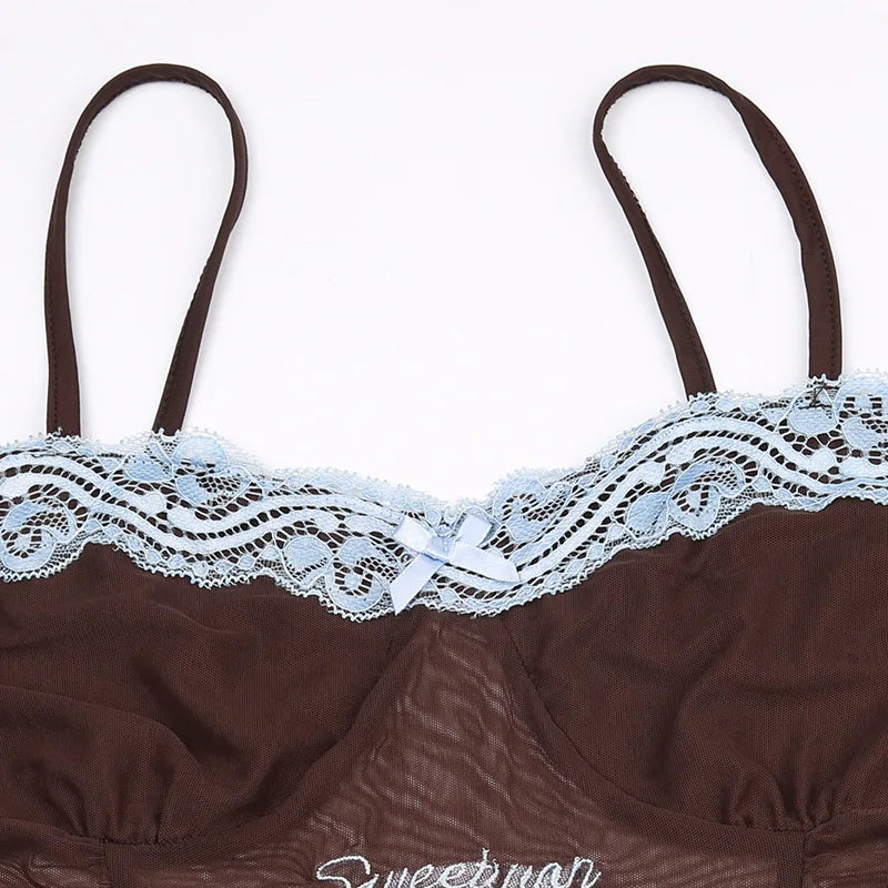 See Through Lingerie Sexy Slim Sleeveless Bodysuit Bow One-Pieces Corset Top Letter Embroidery Bustier Lace Lenceria Femenina