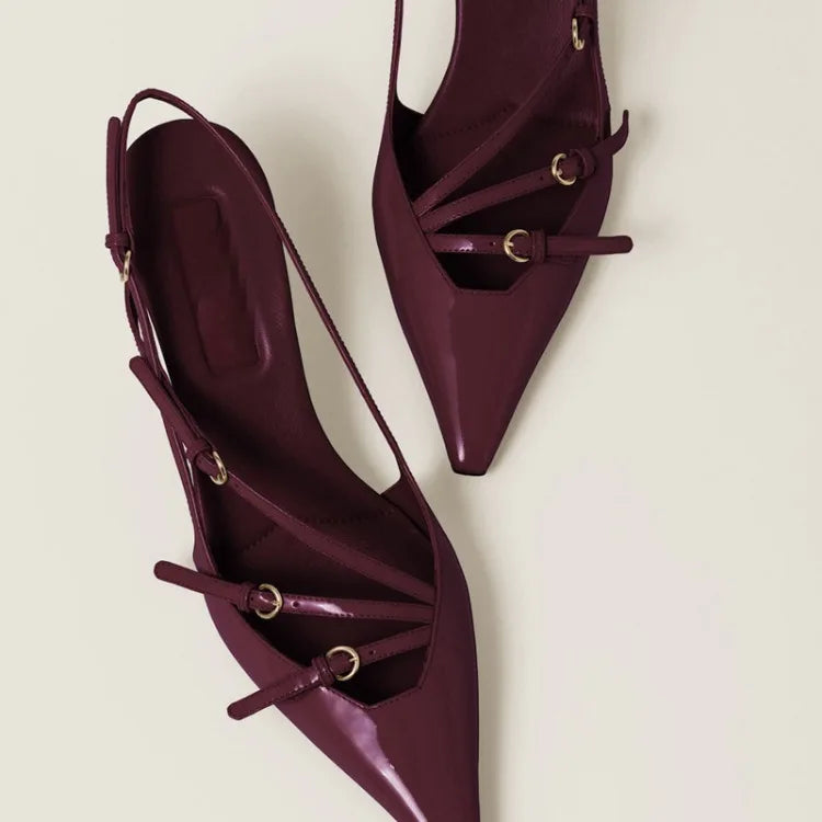 French Style Belt Buckle Wine Red Sandals 2024 Brand Summer Retro Patent Leather Socialite Temperament Pointed Black High Heels