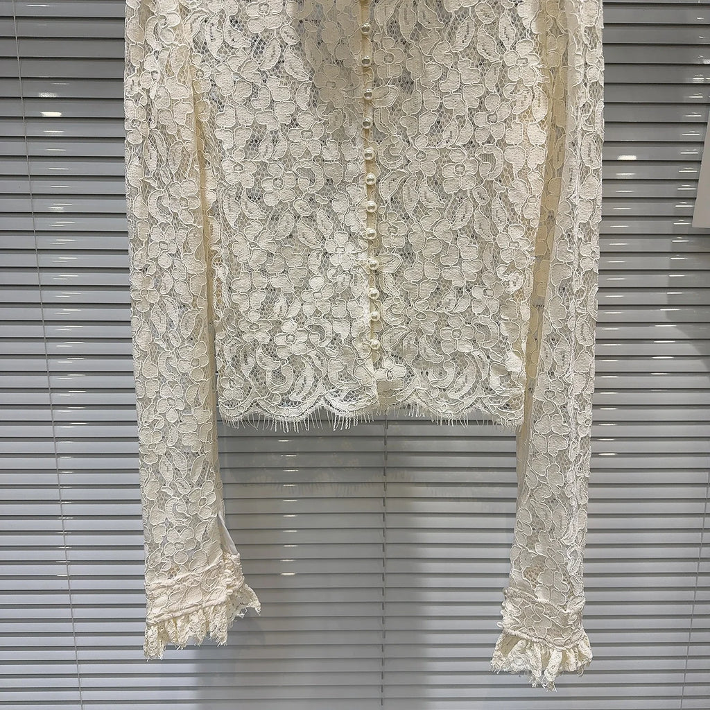 KTCZ Solid Spliced Lace Hollow Out Blouse For Women Long Sleeve Single Breasted Patchwork Print Minimalist Chic Blouse Female