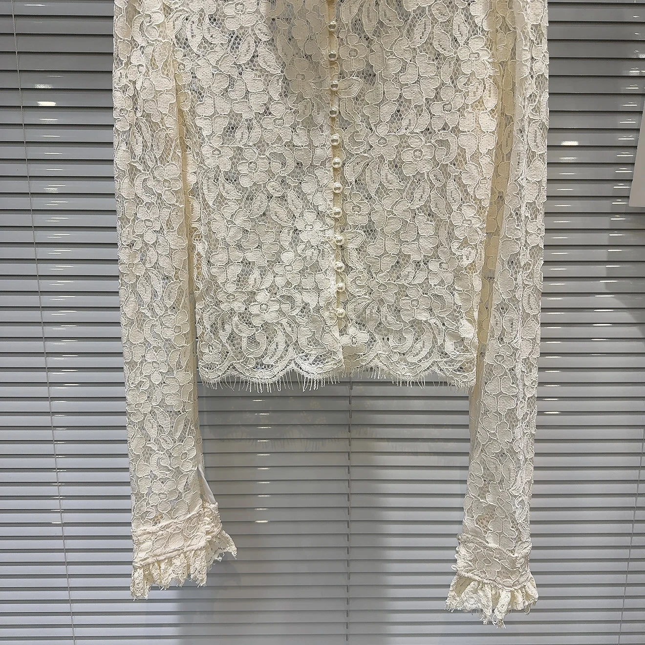 KTCZ Solid Spliced Lace Hollow Out Blouse For Women Long Sleeve Single Breasted Patchwork Print Minimalist Chic Blouse Female