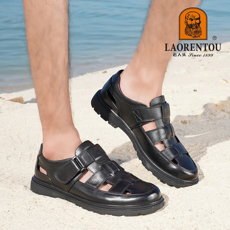 LAORENTOU leather sandals, men's breathable hollow hole shoes, toe wrapped cowhide, anti slip and wear-resistant casual  shoes