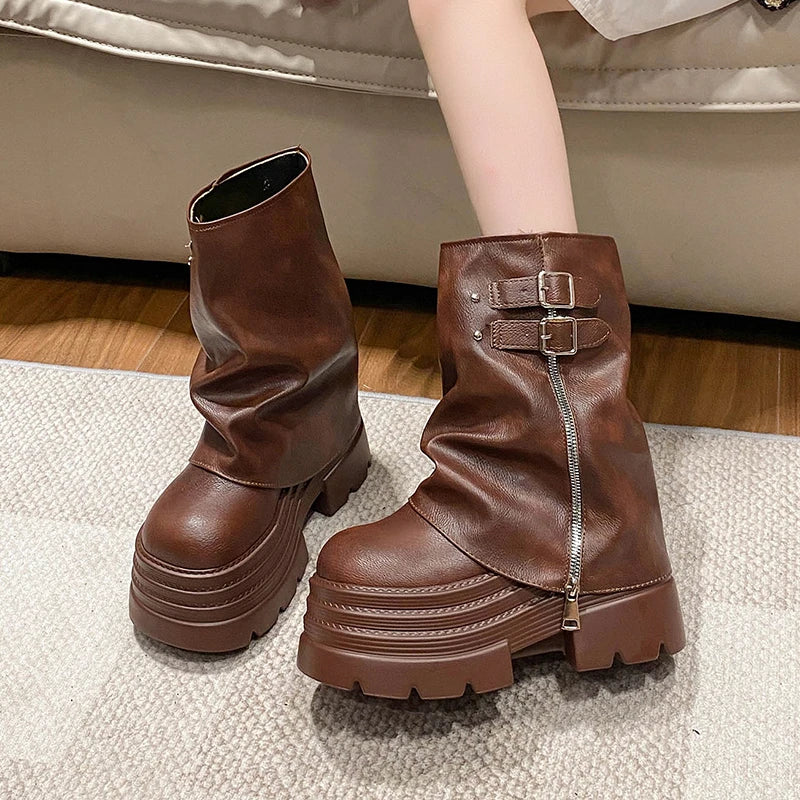 10CM Winter Warm Chunky Short Boots Women High Heels New Mid Calf Leather Sneakers Trend Buckle Motorcycle Boots Fur Snow Shoes