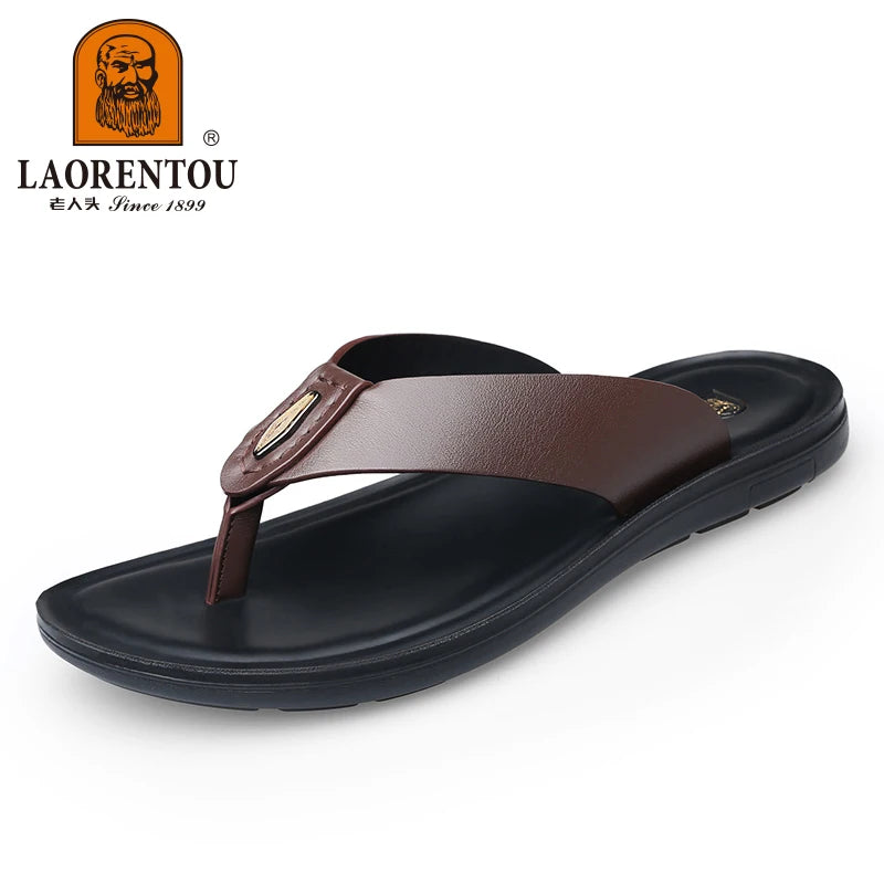 LAORENTOU slippers, men's genuine leather, Korean version, clip on flip flops, men's sandals, cowhide soft sole, anti slip