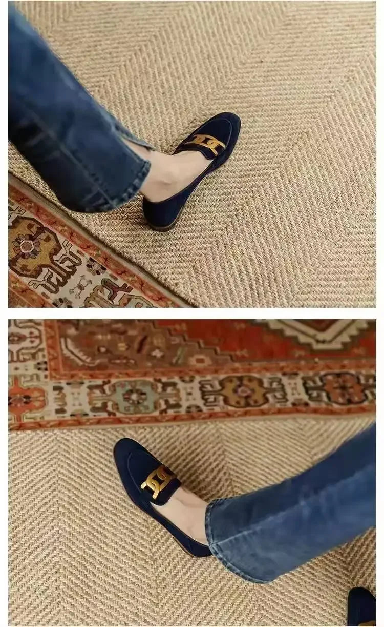 Women's Single Shoes with Heels Pointed Toe Metal Decoration Shallow Women Shoes Square Heel Spring Rubber Sole Zapatos De Mujer