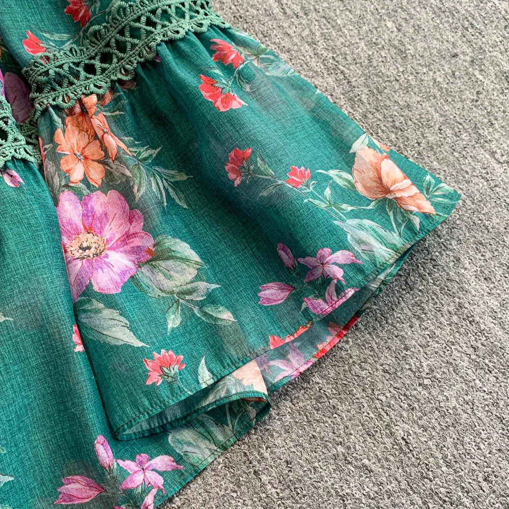 Ele Lace Splice Waist Cinching Long Dr Korean Sle Print Blouse Svel Midi Skirt High Waist A-Line Silhouette