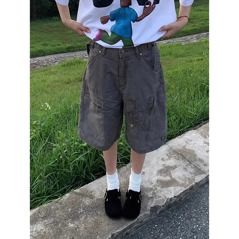 ZHIZOU Women Cargo Short Jeans American Vintage Y2K Straight Streetwear Wide Leg Pants High Waist Summer Knee Length Denim Short