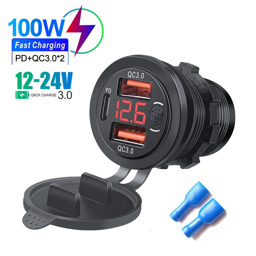 100W USB Outlet Car Charger Dual QC3.0 & PD 3 Ports USB C Socket with Voltmeter Touch Switch for Car Boat Marine Truck RV