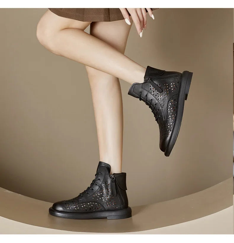Leather Boots Woman 2025 Retro Leather Hollow Boots for Women Platform-soled Double-side Zipper Casual Short Boots Women's Shoes