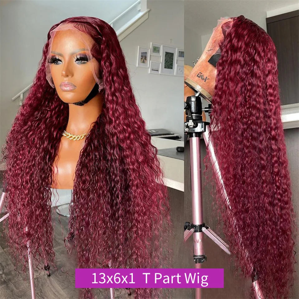 40Inch 99J Burgundy Water Curly 13x4 Glueless Lace Frontal Wig 250% Deep Wave HD Transparent Lace Front Wig Human Hair For Women
