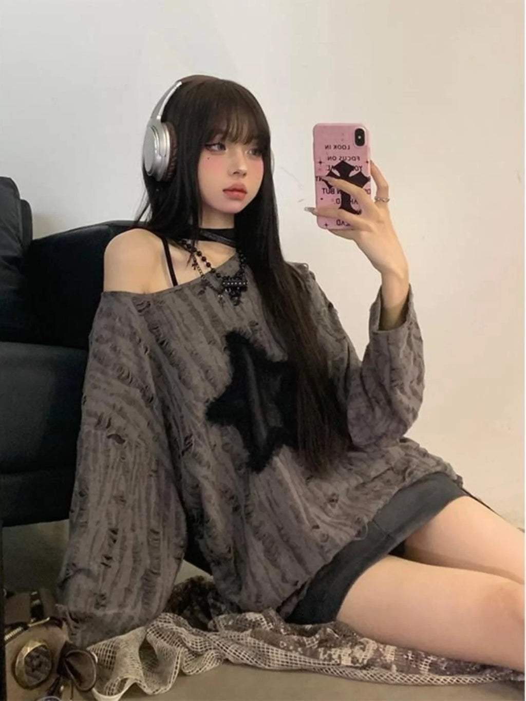 New 2025 Japanese Sle Dstring Spicy Girl T-irt Women's Spring Autumn Star Hole Loose Long Sve Top Fem Faion