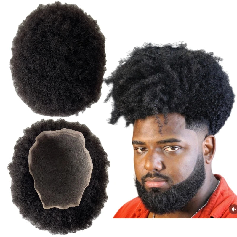 Indian Virgin Human Hair Replacement 6mm Root Afro #1b Black Color 8x10 Toupee Full Lace Unit for Black Men