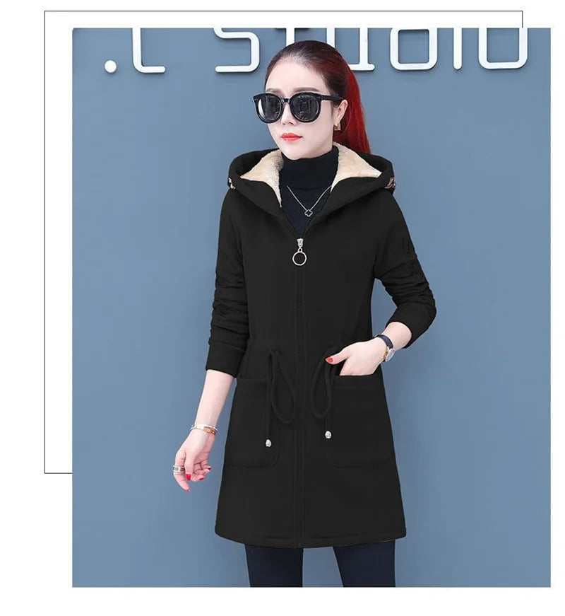 Plus Velvet Thick Lamb Plush Jacket Women 2025 New Autumn Winter Parkas Lace-Up Of Hooded Loose Long Embroid Trench Coat Female