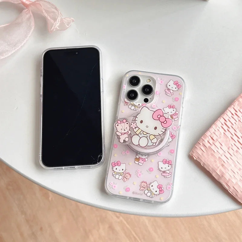 Cute Cartoon Sanrio Hello Kitty Magnetic Holder Magsafe Wireless Charge Phone Case For iPhone 15 14 13 12 11 Pro Max Hard Cover