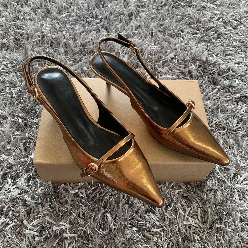 Pointed Toe Buckle Strap Ladies Sandals Gold Shallow Fashion Sexy Party Slingbacks 2025 Summer High Heeled Shoes Woman