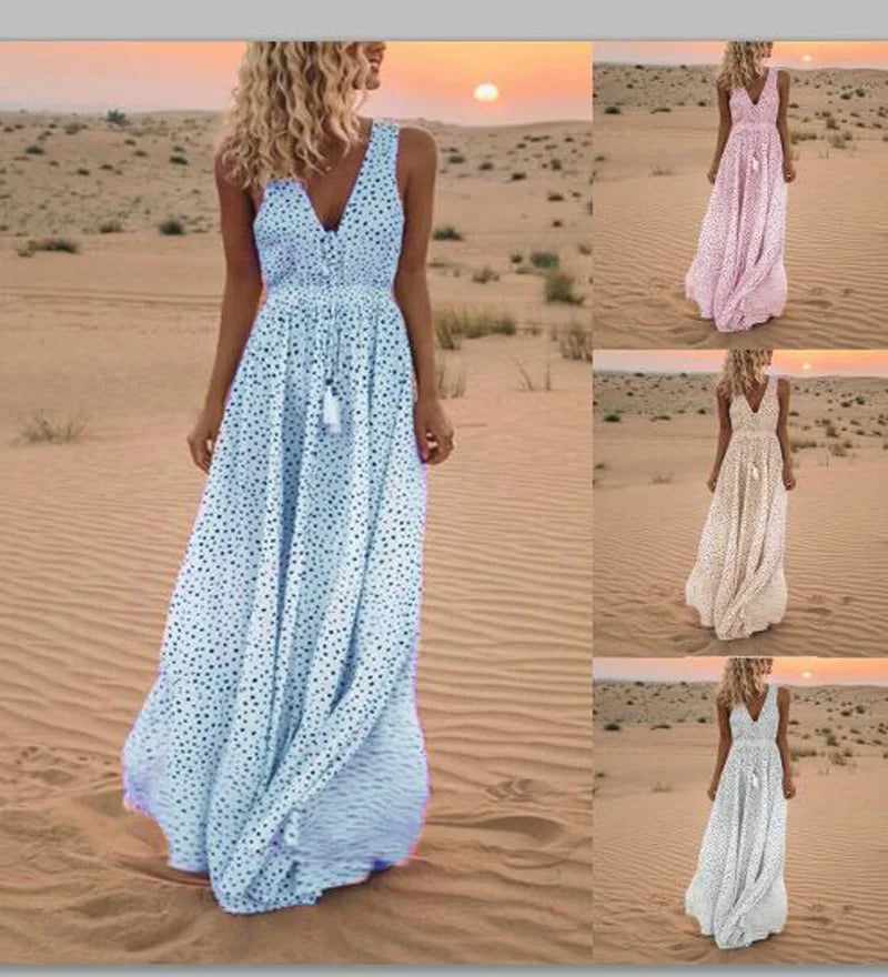 Fashion Print Sleeveless Long Dress 2025 Summer Casual Boho V Neck Loose A Line Dress Elegant Beach Party Dress Robe Femme