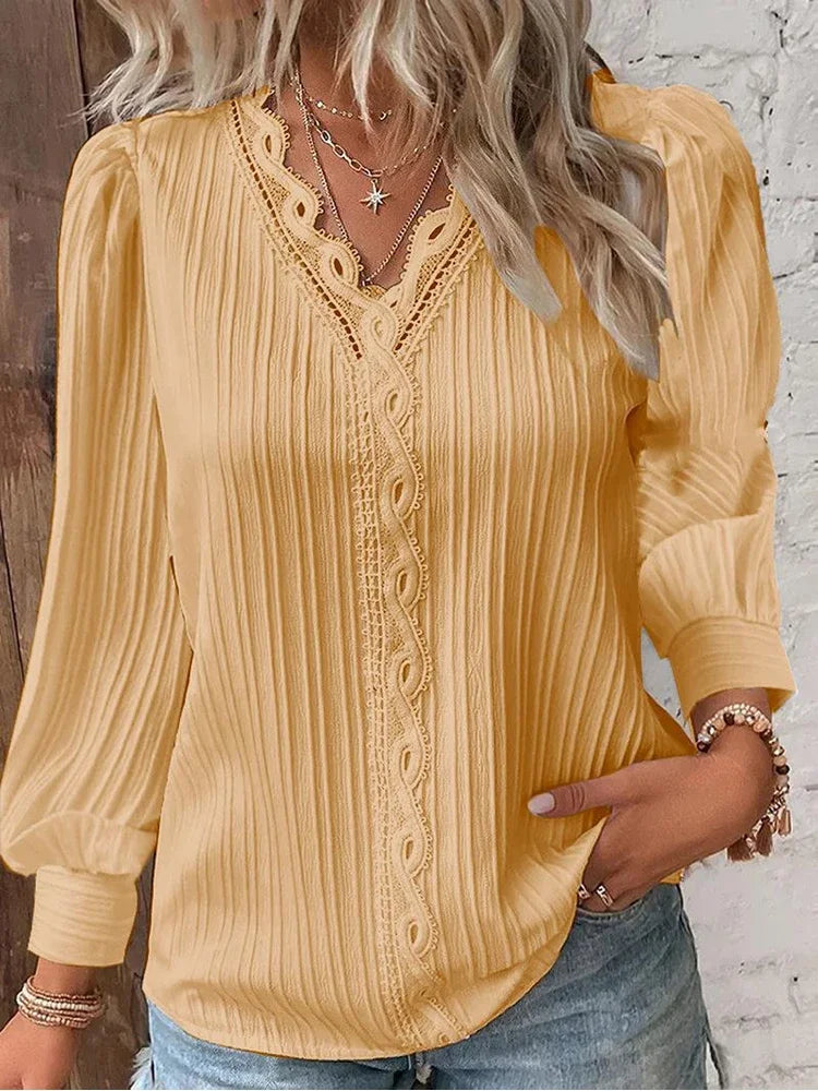 Stitching V-neck Long Sleeve Women's Pullover Chiffon Shirt Lace Stitching Shirt Loose Fall Top Simple Elegant Street Blouse