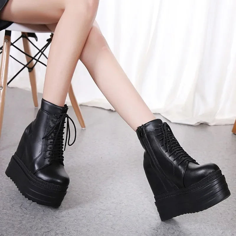 14CM Punk Style Wedges Ankle Boots Black Rubber Sole Shoes Platform Boots Women Lacing Autumn Sexy Lady Platform Heels Shoes