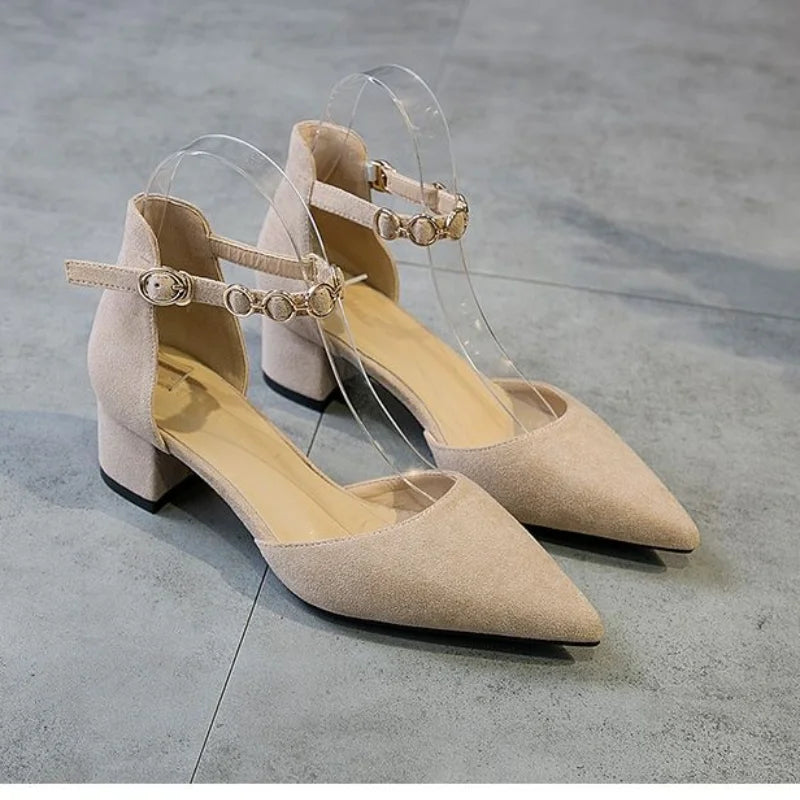 Small Size 31-34 Fashion Closed Toe Sandals Low Heeled Woman Ankle Strap Shoes Pointed Thick Heel Sandalias De Mujer Ladies Shoe