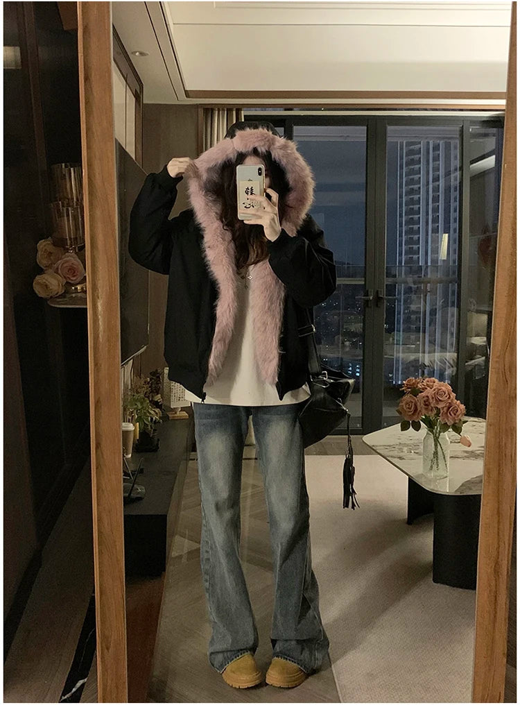 Two-sided Wear Imitation Mink Velvet Fur Hooded Cotton Padded Jacket Fashion New Winter Jackets Women's Short Loose Coats Trend