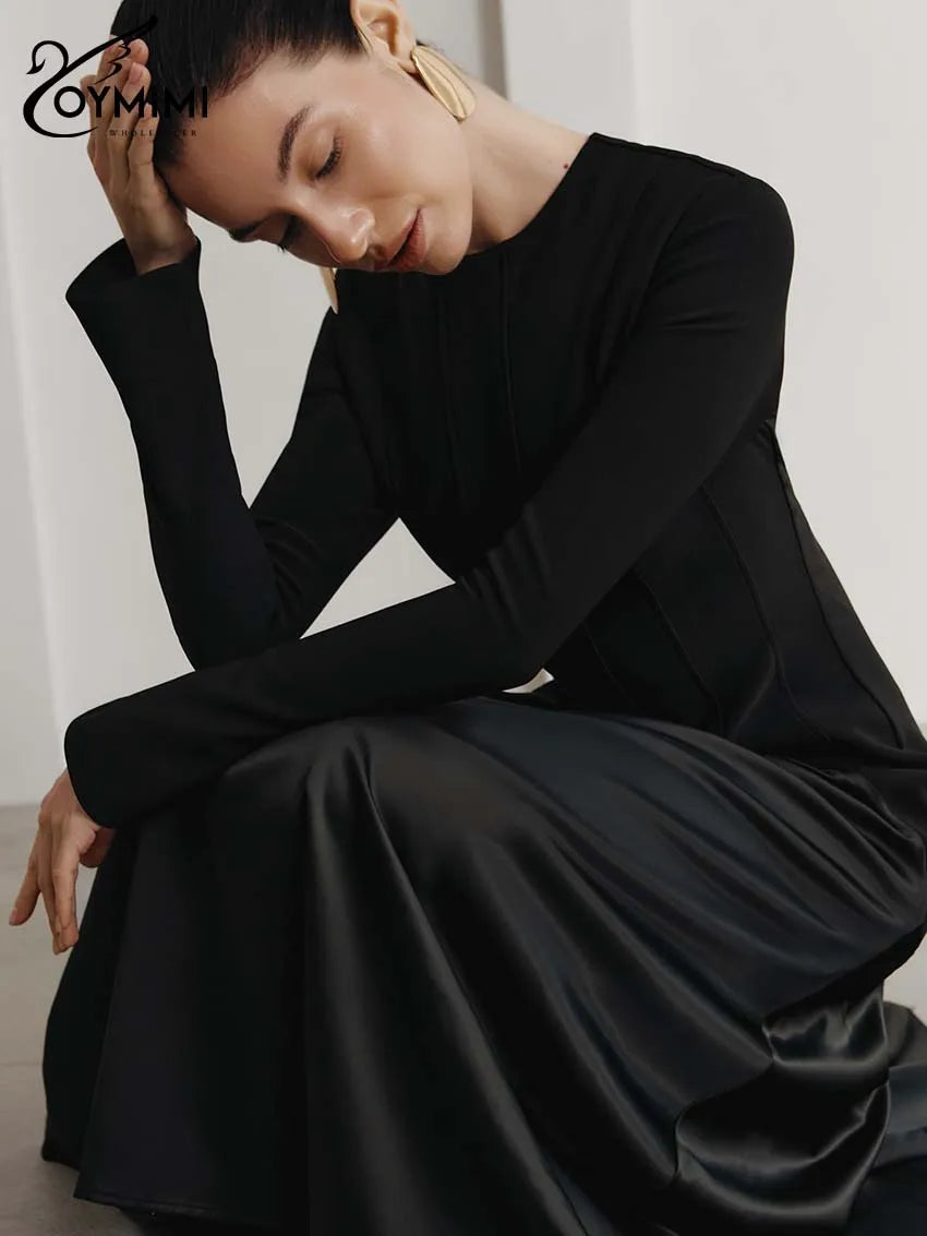 Oymimi Elegant Black O-Neck Womens Dresses Fashion Long Sleeve Patchwork Slim Dresses Casual New Straight Ankle-Length Dress