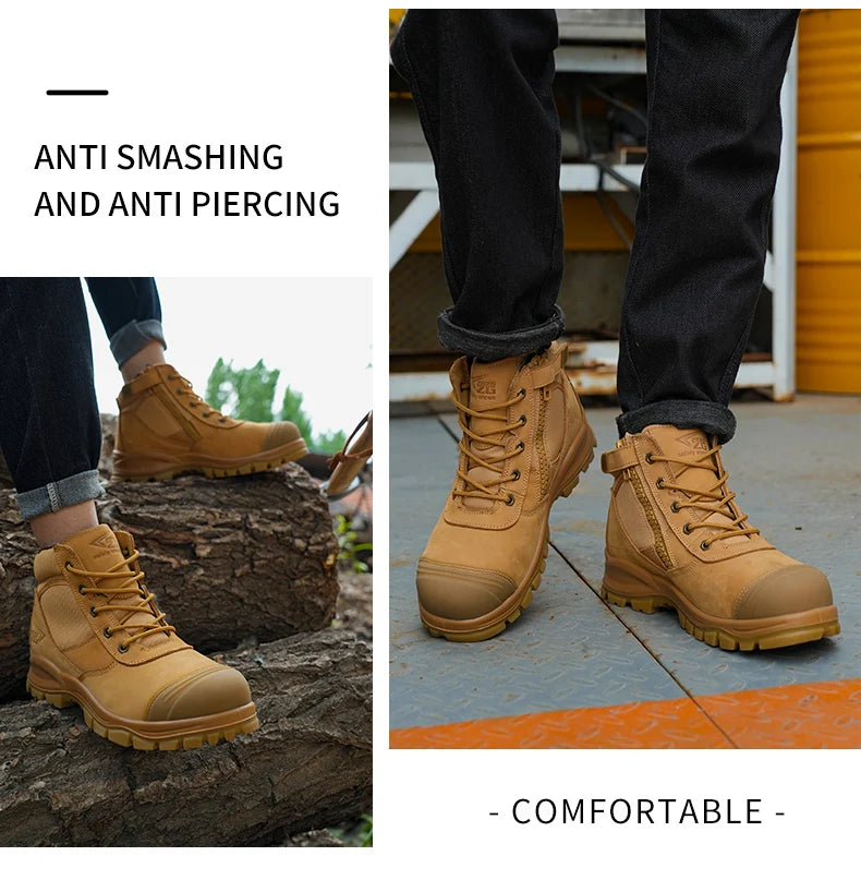 Genuine Leather Men's Boots Safety Shoes Indestructible Work Boots Steel Toe Shoes Puncture-Proof security Protective Shoes Male