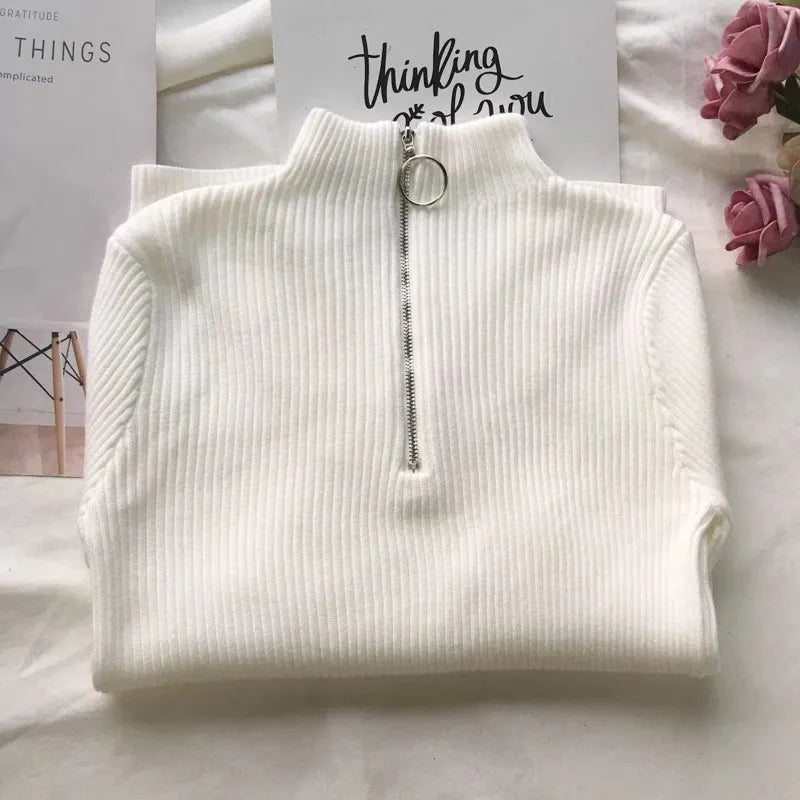 Autumn Winter Turtleneck Women Sweater Long Sleeve Zipper Neckline Knitted Pullover Female Sweater Slim Basic Knitted Jumpers