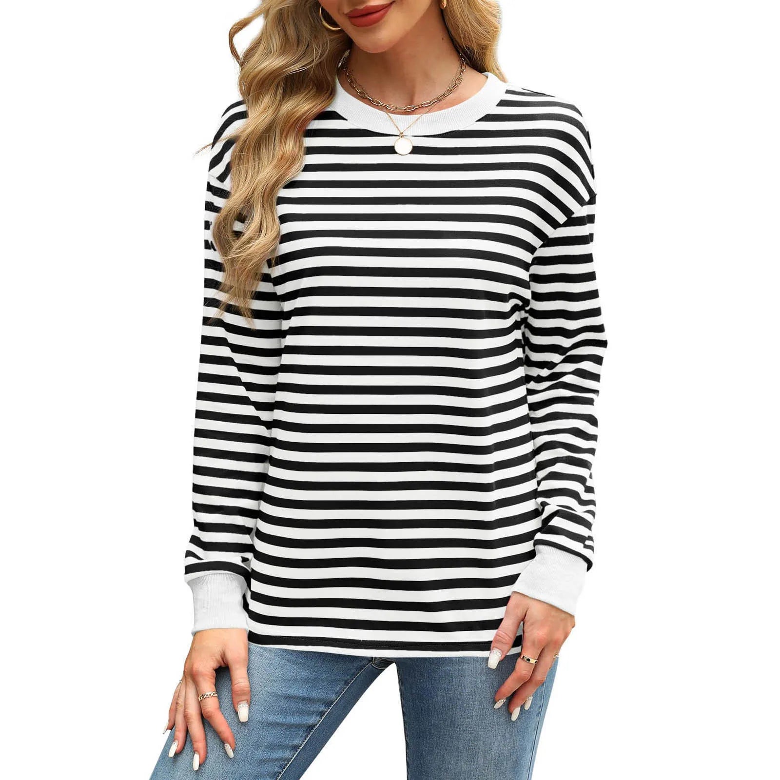 Women Casual Top Fashion Contrast Loose Round Neck Long Sleeve Stripe Printed Top Oversized Loose Pullover Autumn Clothes
