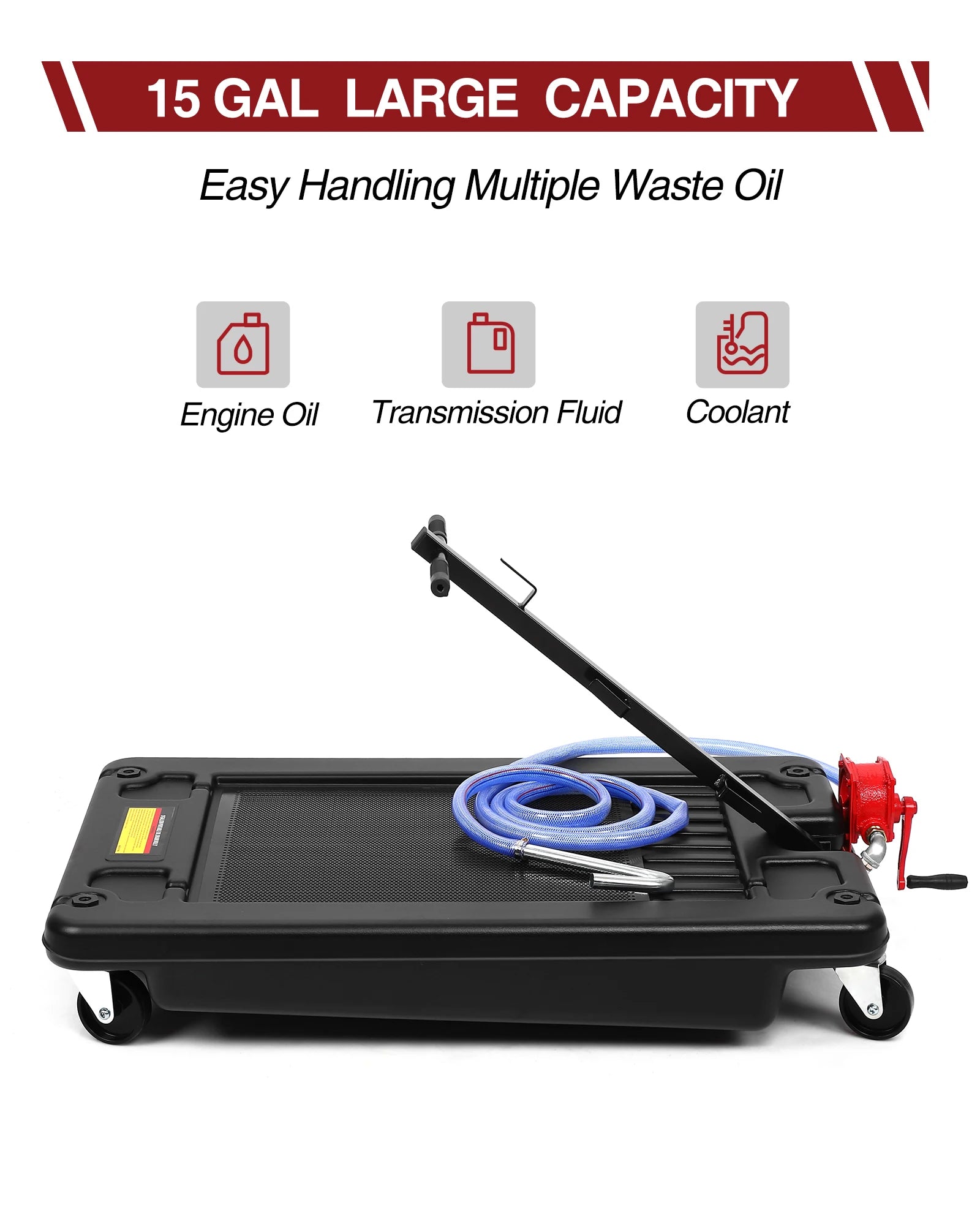 15 Gallon 17 Gallon Oil Drain Pan with Hand Pump & 8 Ft Hose 57L Low Profile T Foldable Handle Oil Drain Cart for Truck Car SUV