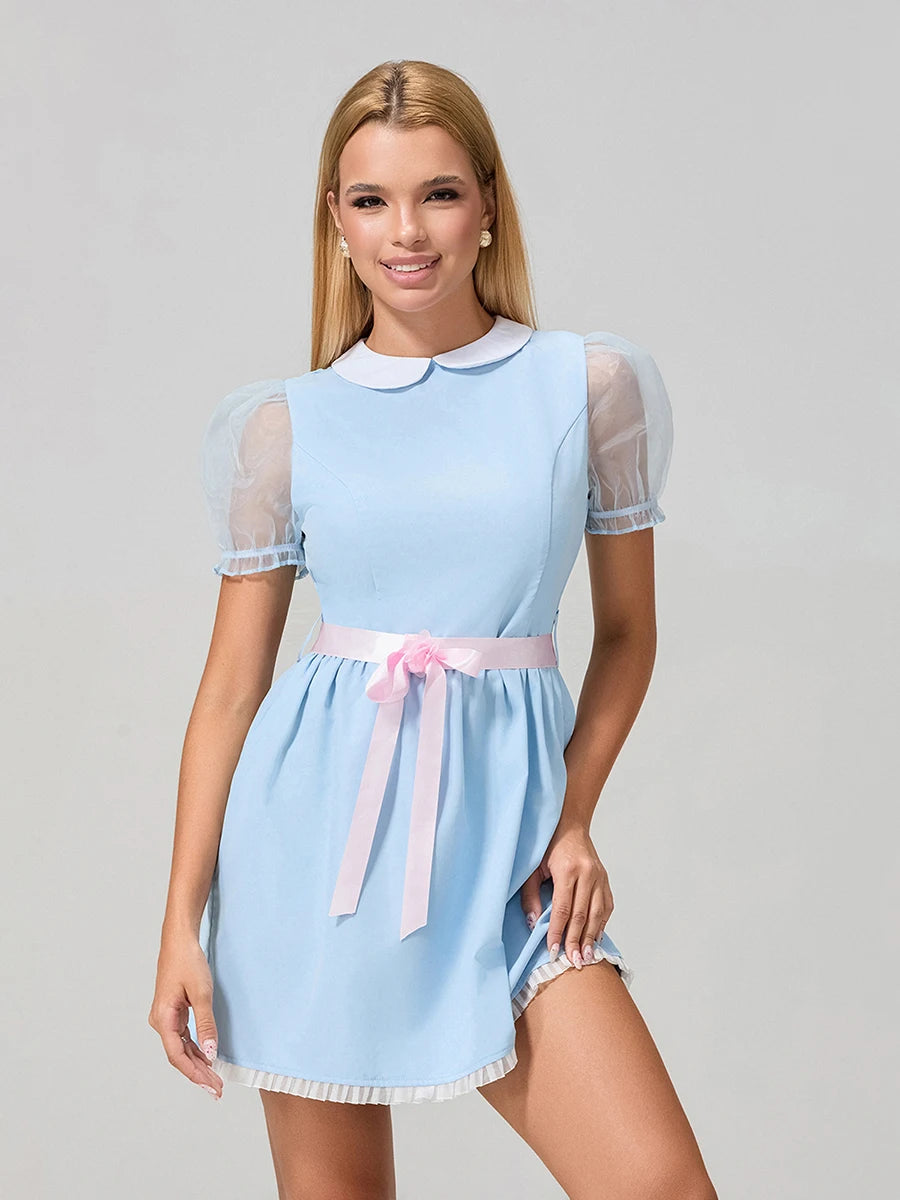 Women Summer Mini Sweet Dress Short Sheer Mesh Sleeve Doll Collar Dress with Belt